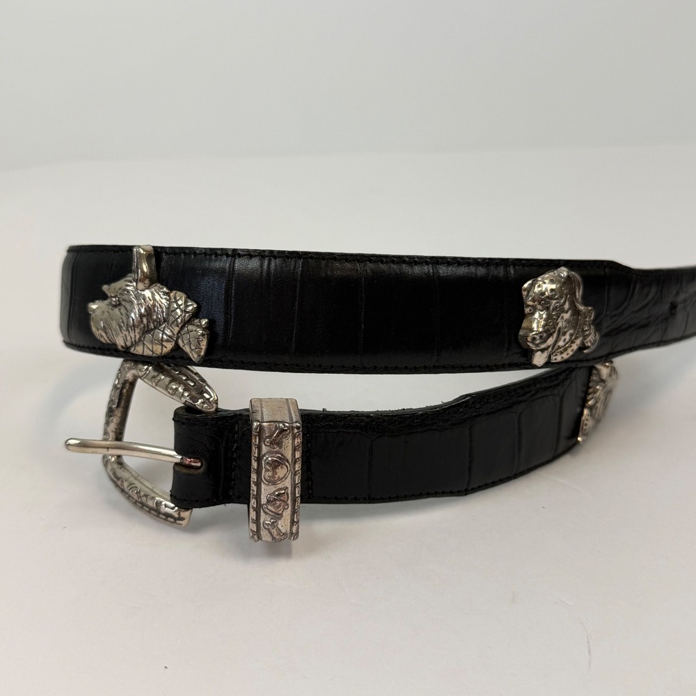 Vintage Talbots Black Croc Embossed Leather Dog Charm Belt Silver Tone Small